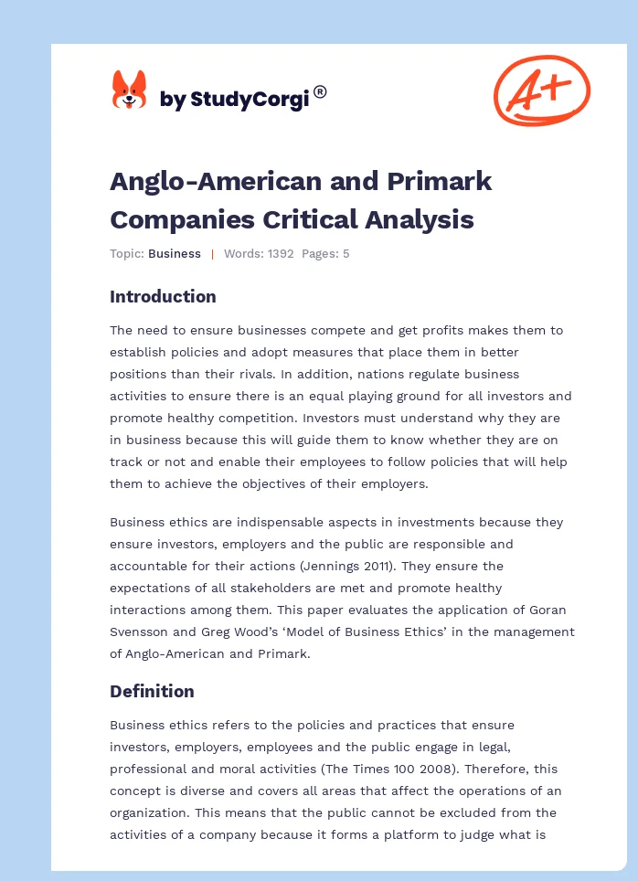 Anglo-American and Primark Companies Critical Analysis. Page 1