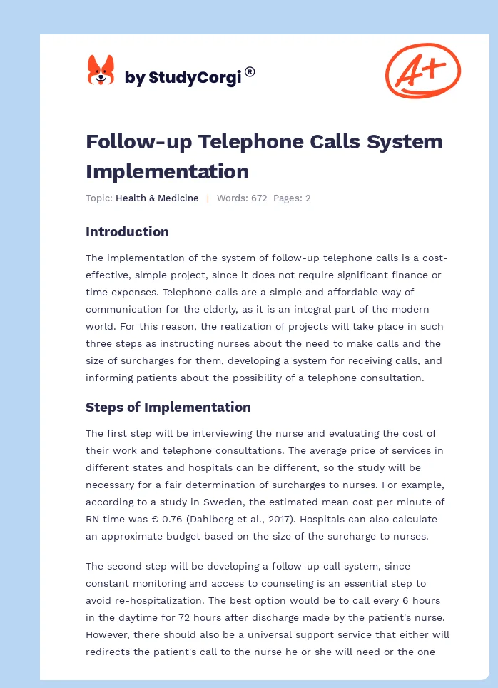 Follow-up Telephone Calls System Implementation. Page 1