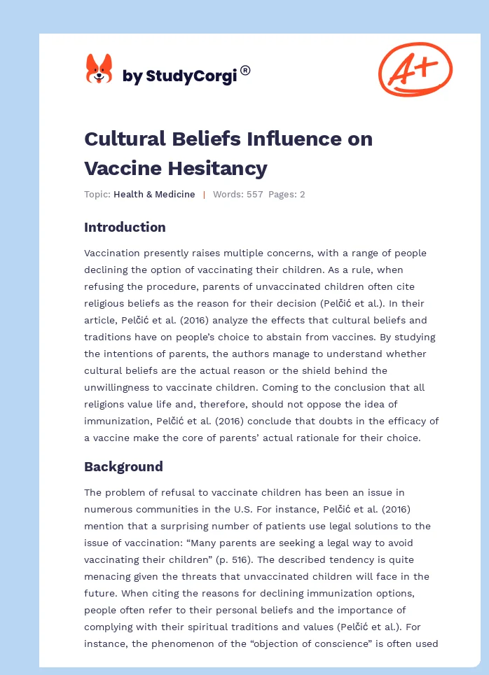 Cultural Beliefs Influence on Vaccine Hesitancy. Page 1