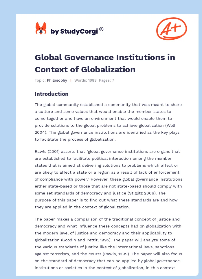 Global Governance Institutions in Context of Globalization. Page 1