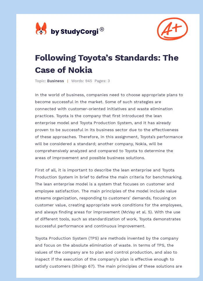 Following Toyota’s Standards: The Case of Nokia. Page 1