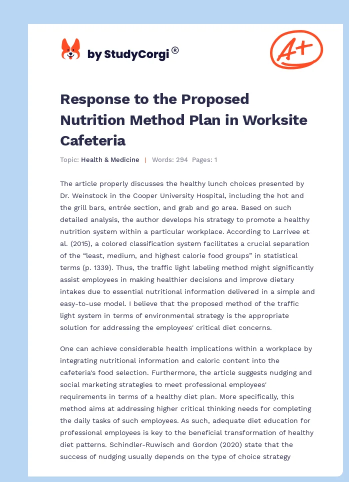 Response to the Proposed Nutrition Method Plan in Worksite Cafeteria. Page 1