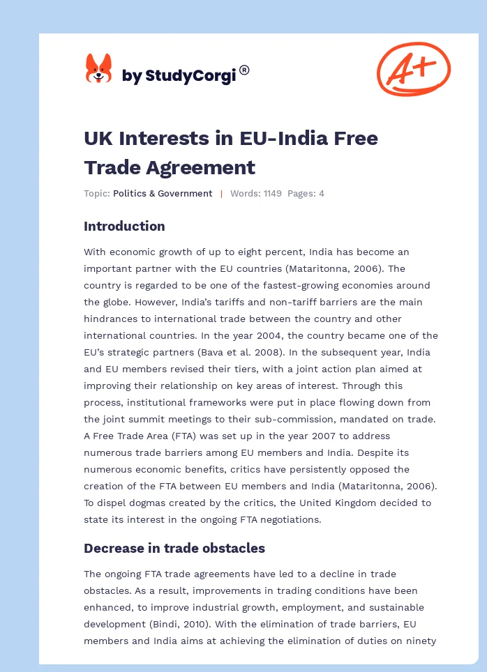 UK Interests in EU-India Free Trade Agreement. Page 1