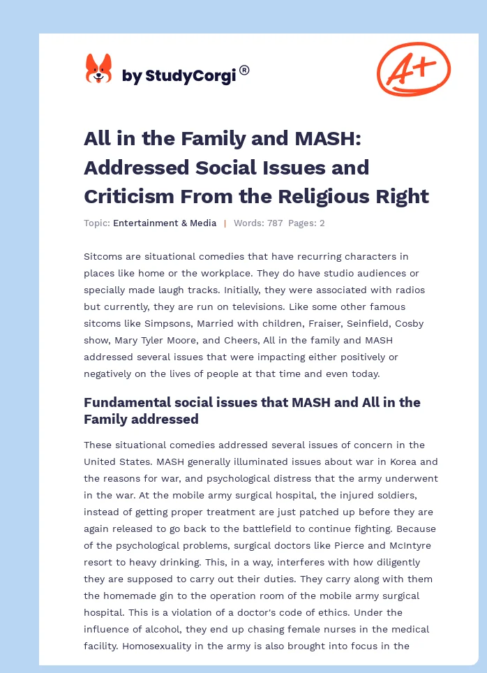 All in the Family and MASH: Addressed Social Issues and Criticism From the Religious Right. Page 1
