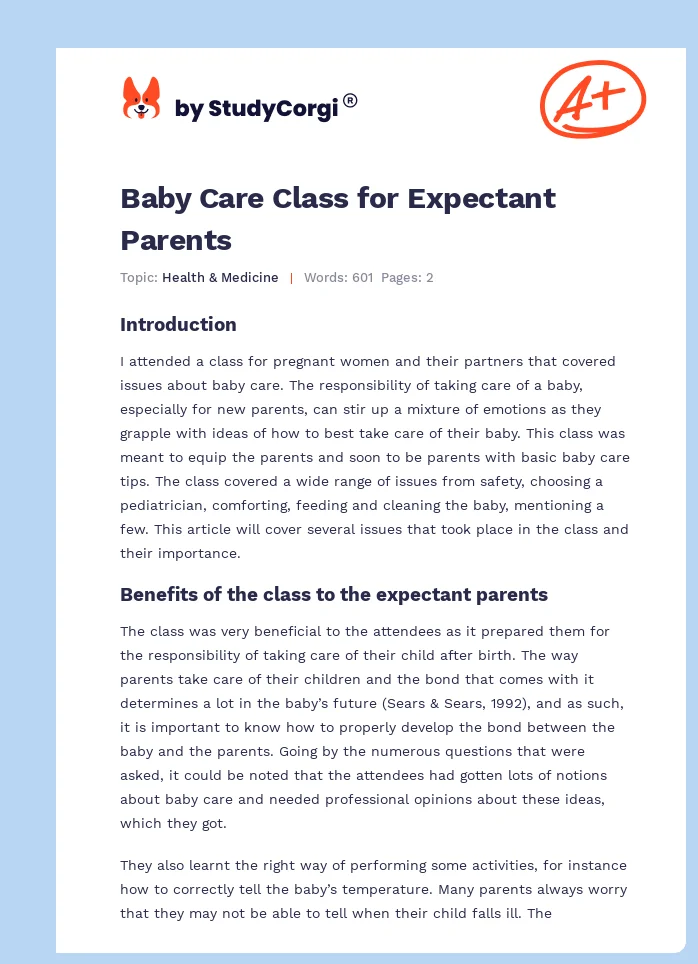 Baby Care Class for Expectant Parents. Page 1
