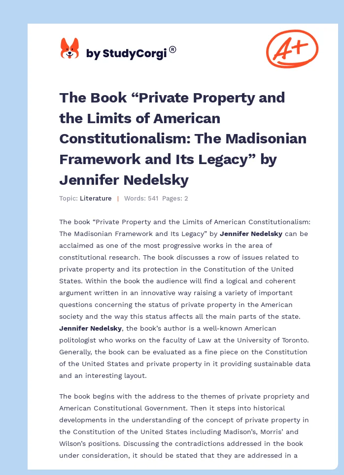 The Book “Private Property and the Limits of American Constitutionalism: The Madisonian Framework and Its Legacy” by Jennifer Nedelsky. Page 1