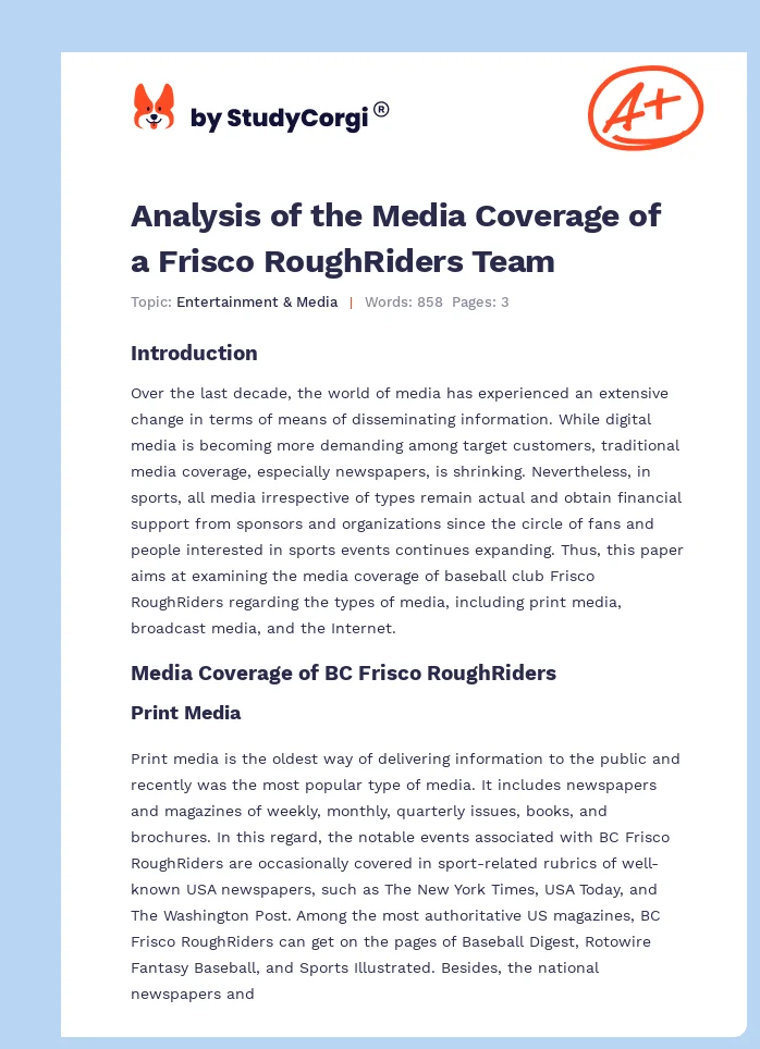 Analysis of the Media Coverage of a Frisco RoughRiders Team. Page 1