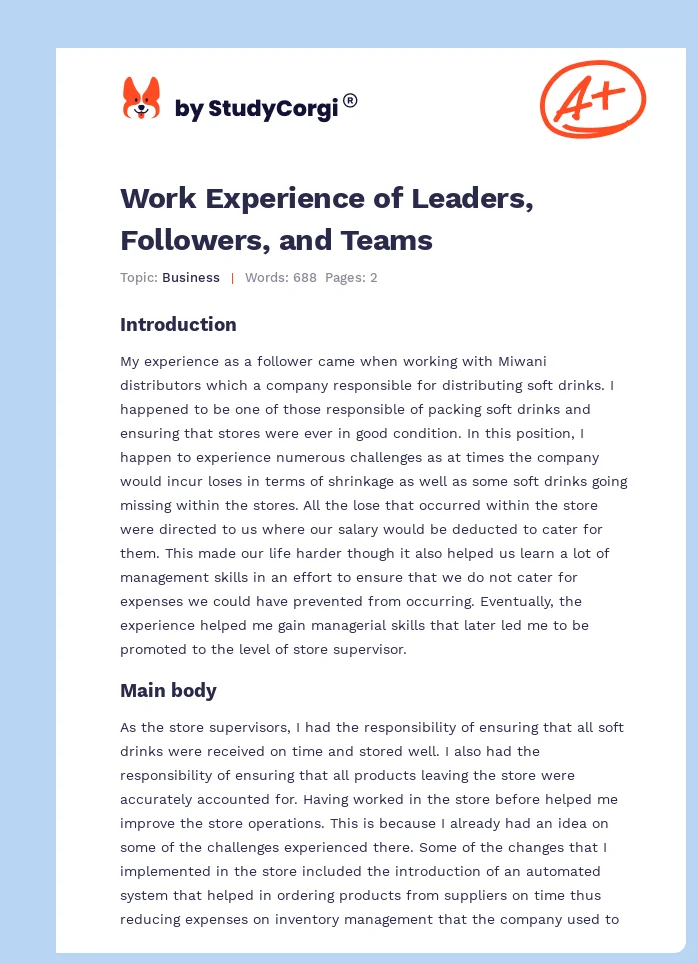 Work Experience of Leaders, Followers, and Teams. Page 1