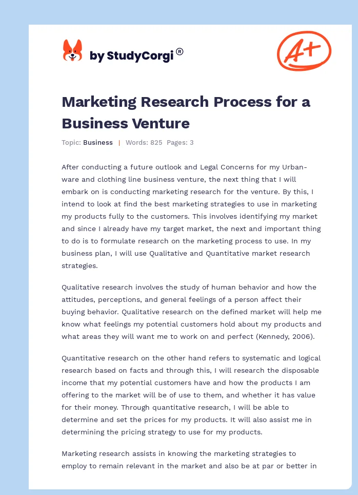 Marketing Research Process for a Business Venture. Page 1