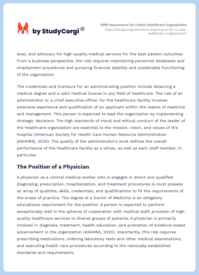 HRM Importance for a New Healthcare Organization. Page 2