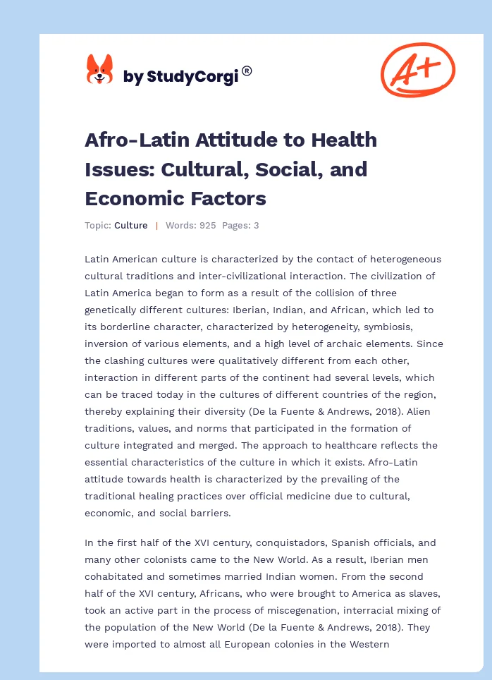 Afro-Latin Attitude to Health Issues: Cultural, Social, and Economic Factors. Page 1