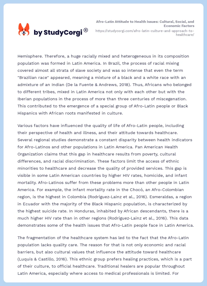 Afro-Latin Attitude to Health Issues: Cultural, Social, and Economic Factors. Page 2