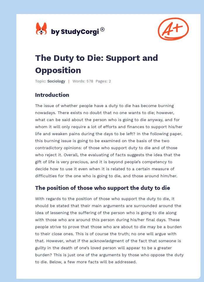 The Duty to Die: Support and Opposition. Page 1
