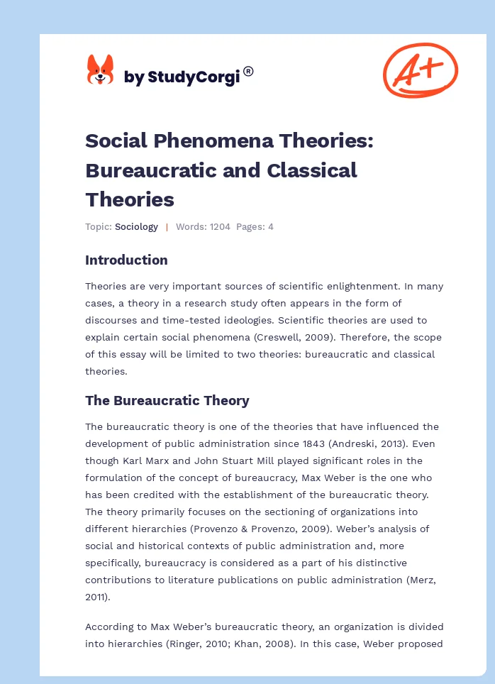 Social Phenomena Theories: Bureaucratic and Classical Theories. Page 1