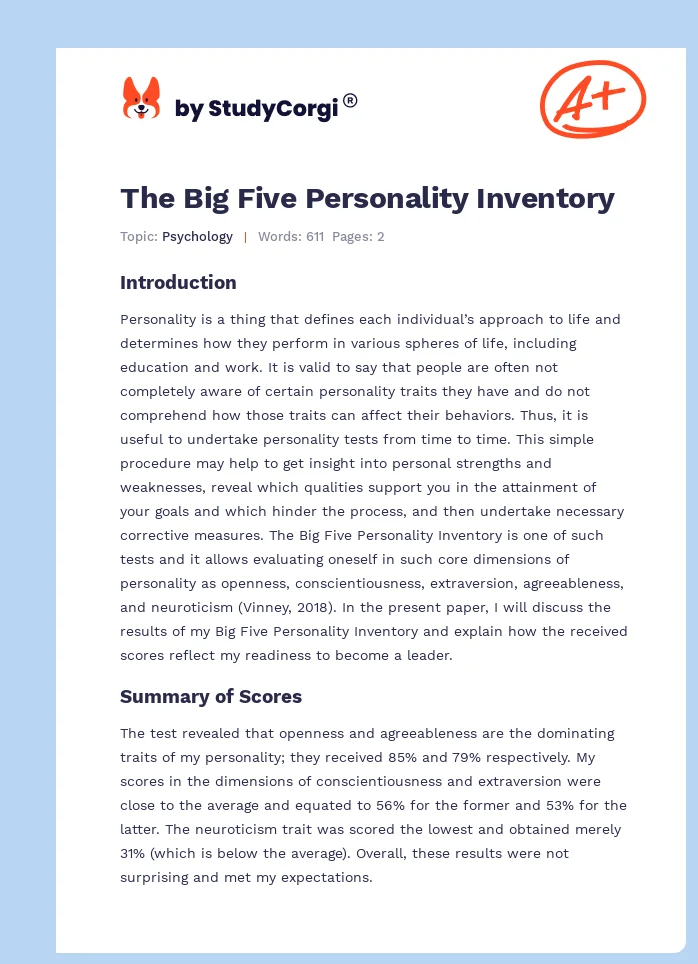 The Big Five Personality Inventory. Page 1