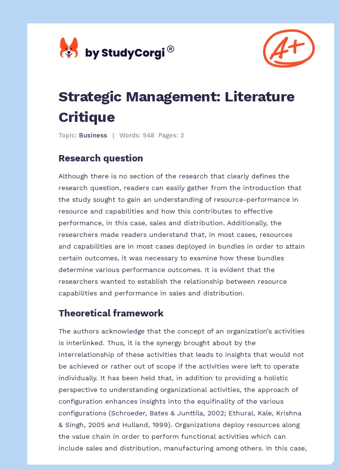 Strategic Management: Literature Critique. Page 1
