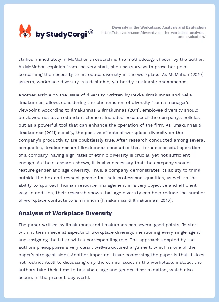 Diversity in the Workplace: Analysis and Evaluation. Page 2