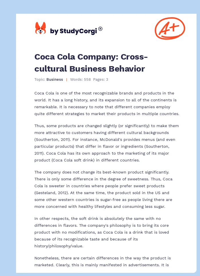 Coca Cola Company: Cross-cultural Business Behavior. Page 1