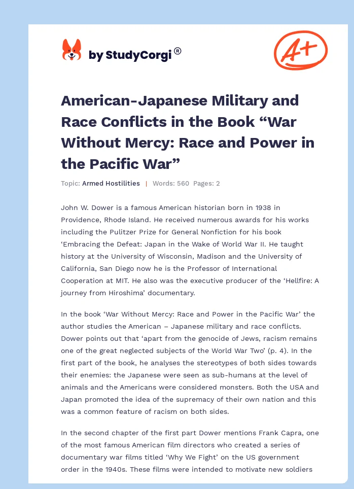 American-Japanese Military and Race Conflicts in the Book “War Without Mercy: Race and Power in the Pacific War”. Page 1