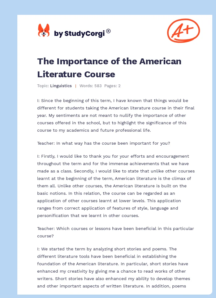 The Importance of the American Literature Course. Page 1