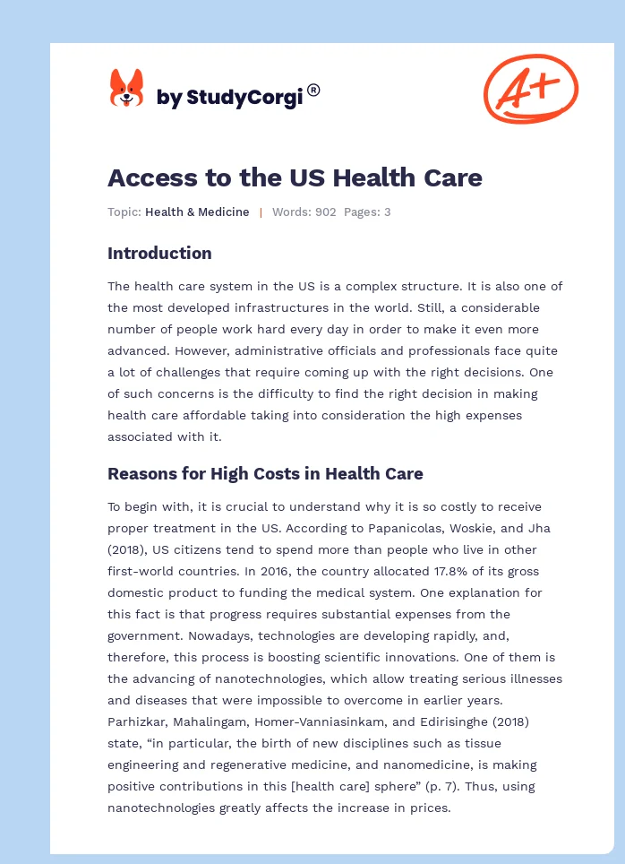 Access to the US Health Care. Page 1