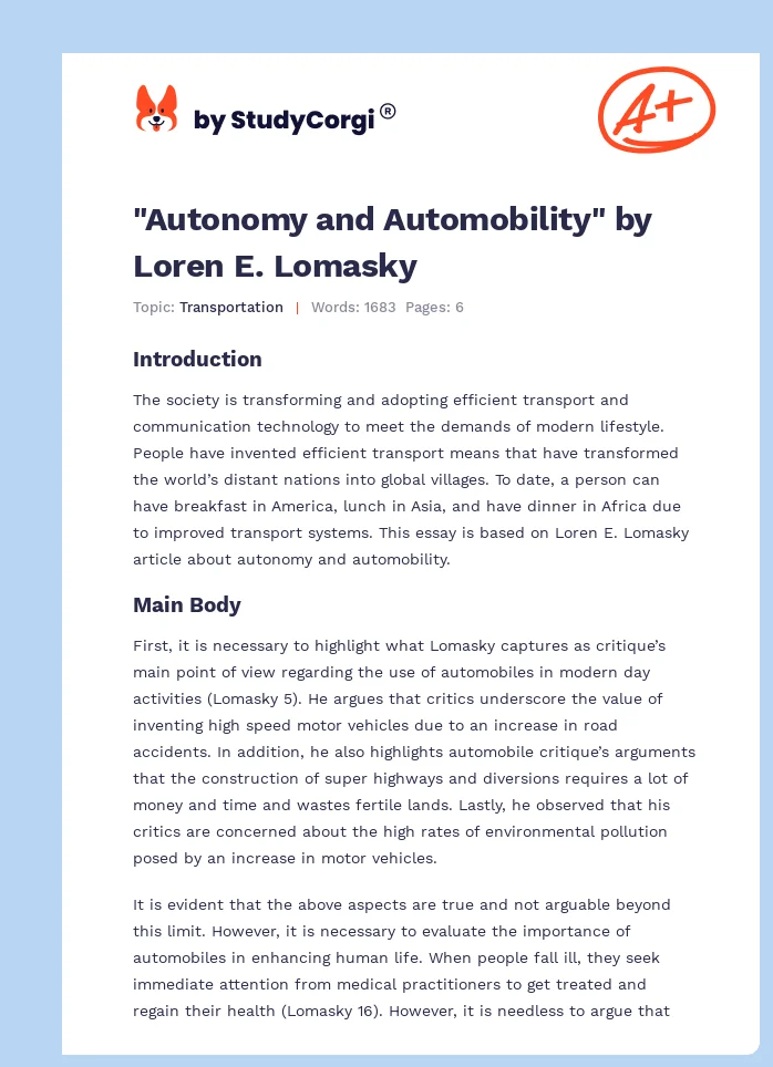 "Autonomy and Automobility" by Loren E. Lomasky. Page 1