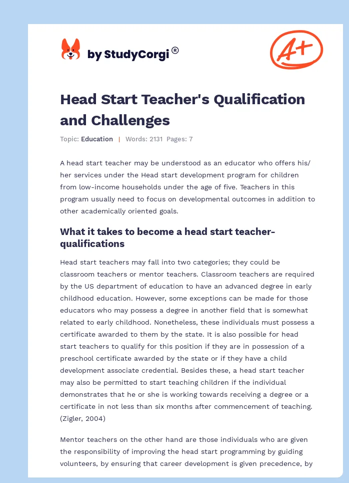 Head Start Teacher's Qualification and Challenges. Page 1