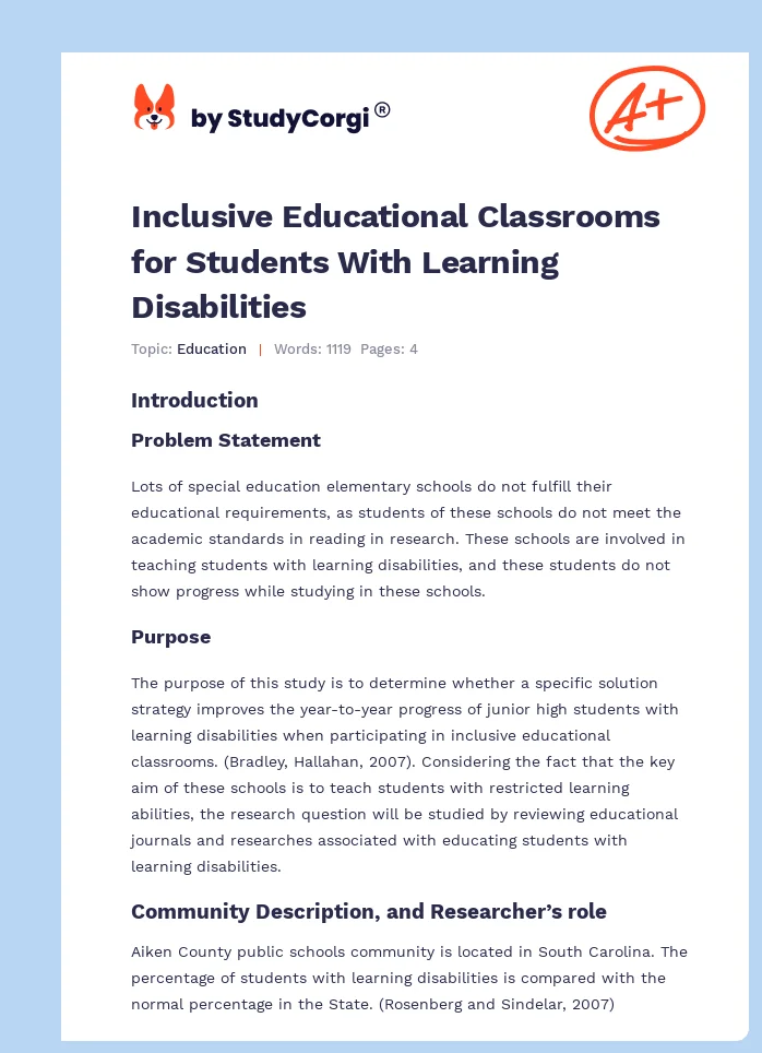 Inclusive Educational Classrooms for Students With Learning Disabilities. Page 1