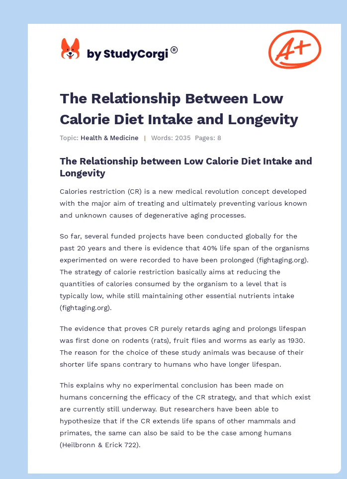The Relationship Between Low Calorie Diet Intake and Longevity. Page 1