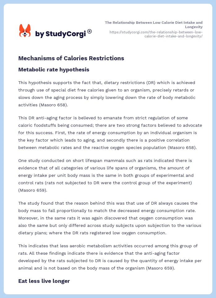 The Relationship Between Low Calorie Diet Intake and Longevity. Page 2