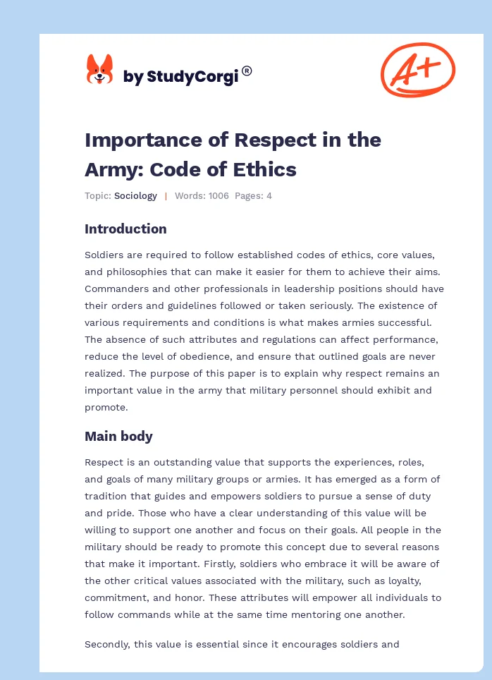 Importance of Respect in the Army: Code of Ethics. Page 1