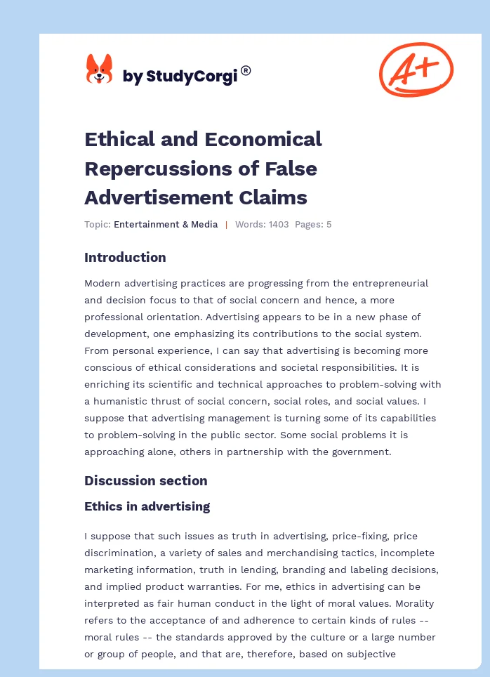 Ethical and Economical Repercussions of False Advertisement Claims. Page 1