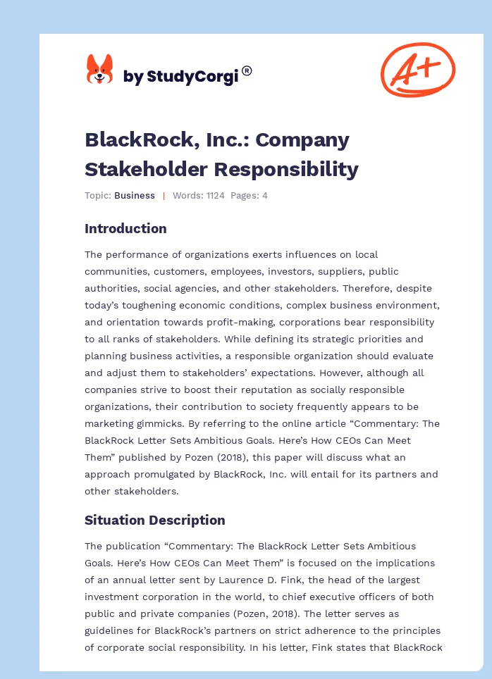 BlackRock, Inc.: Company Stakeholder Responsibility. Page 1