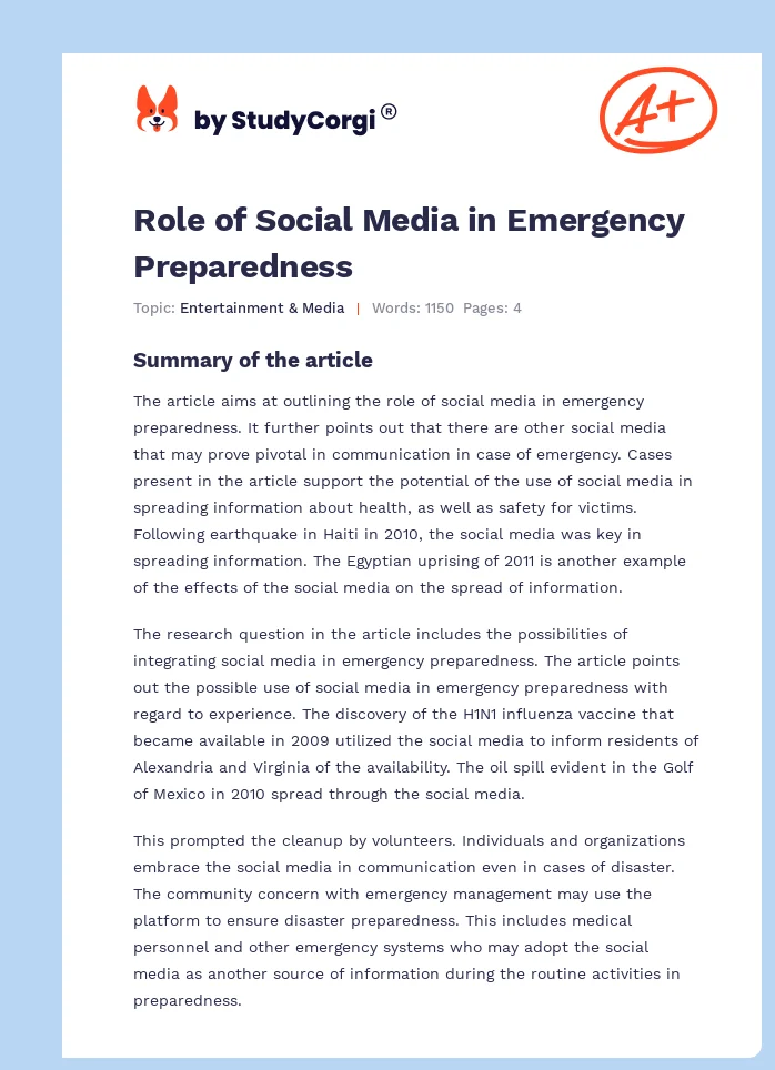 Role of Social Media in Emergency Preparedness. Page 1