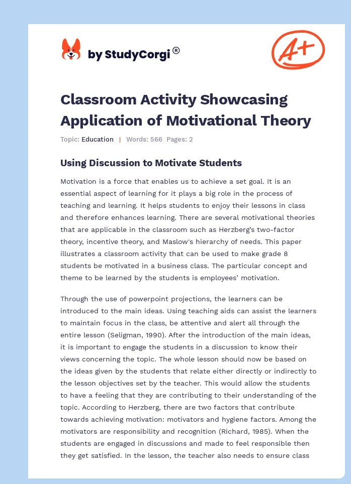 Classroom Activity Showcasing Application of Motivational Theory. Page 1