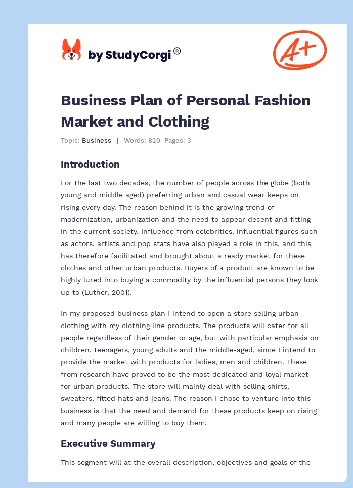 Business Plan of Personal Fashion Market and Clothing | Free Essay Example