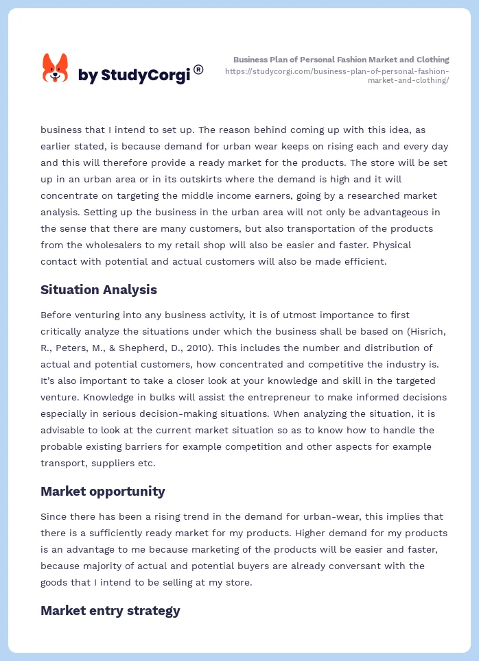 Business Plan of Personal Fashion Market and Clothing. Page 2