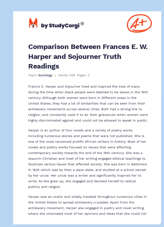 Comparison Between Frances E. W. Harper and Sojourner Truth Readings. Page 1