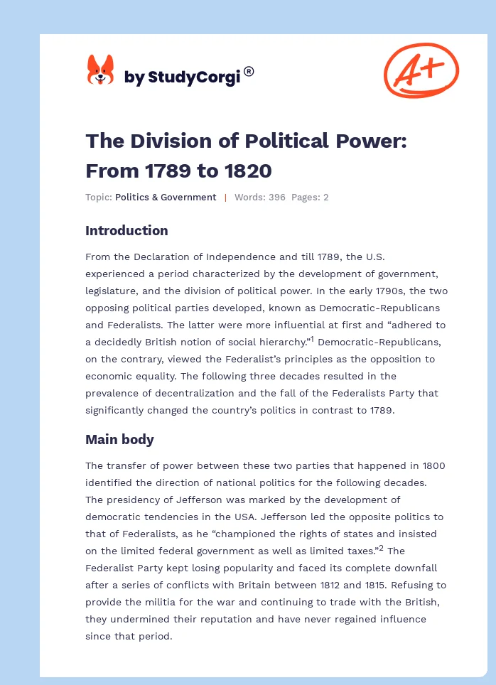 The Division of Political Power: From 1789 to 1820. Page 1