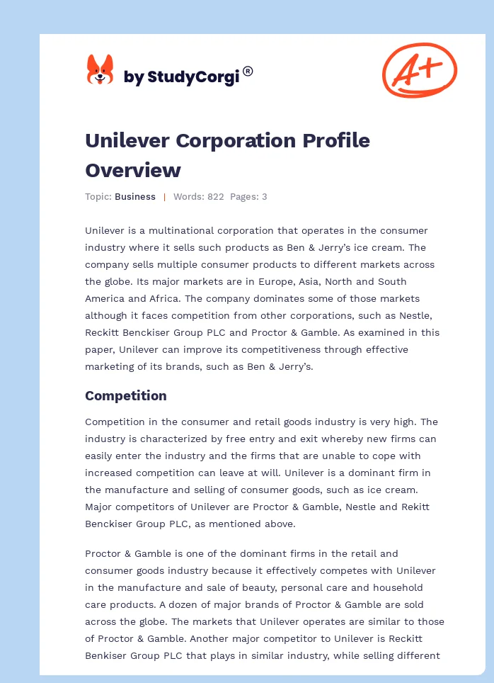 Unilever Corporation Profile Overview. Page 1