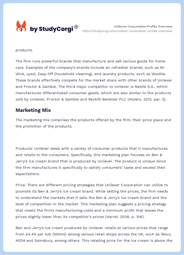 Unilever Corporation Profile Overview. Page 2