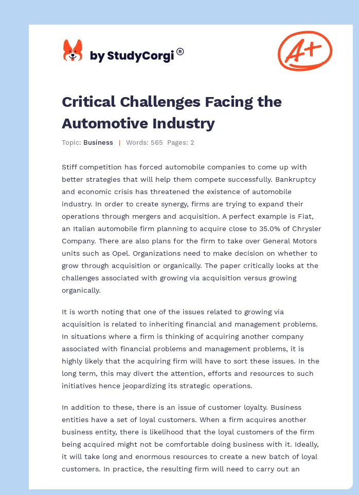 Critical Challenges Facing the Automotive Industry. Page 1