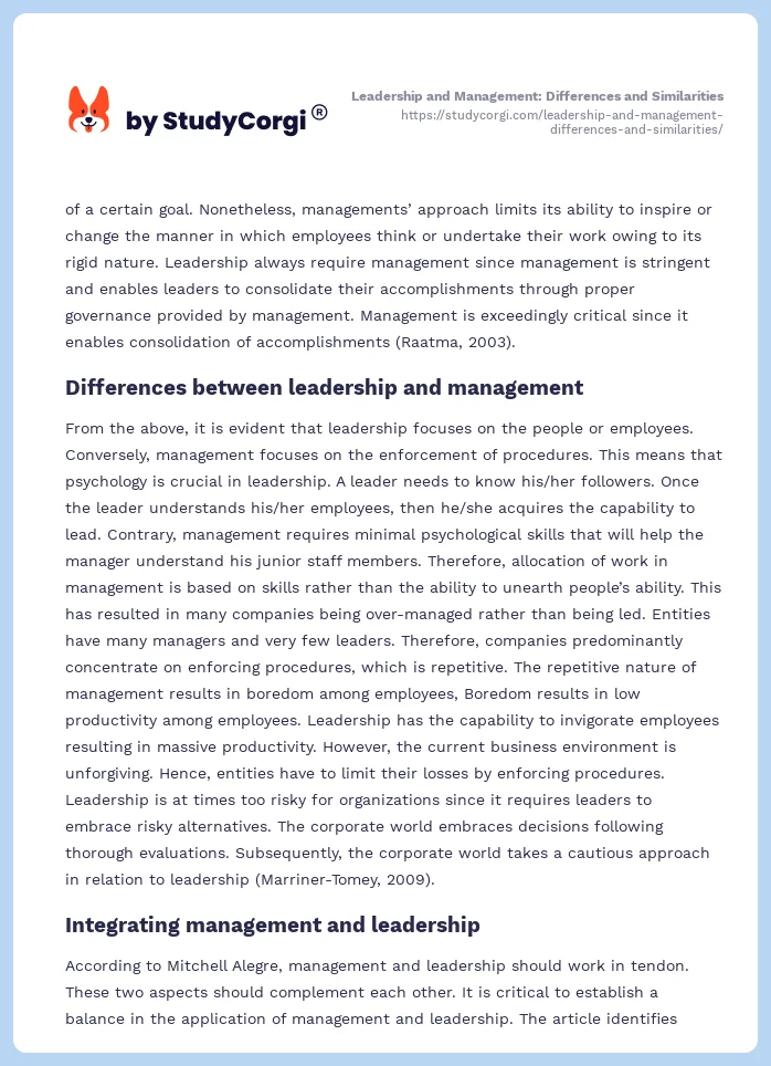 Leadership and Management: Differences and Similarities. Page 2