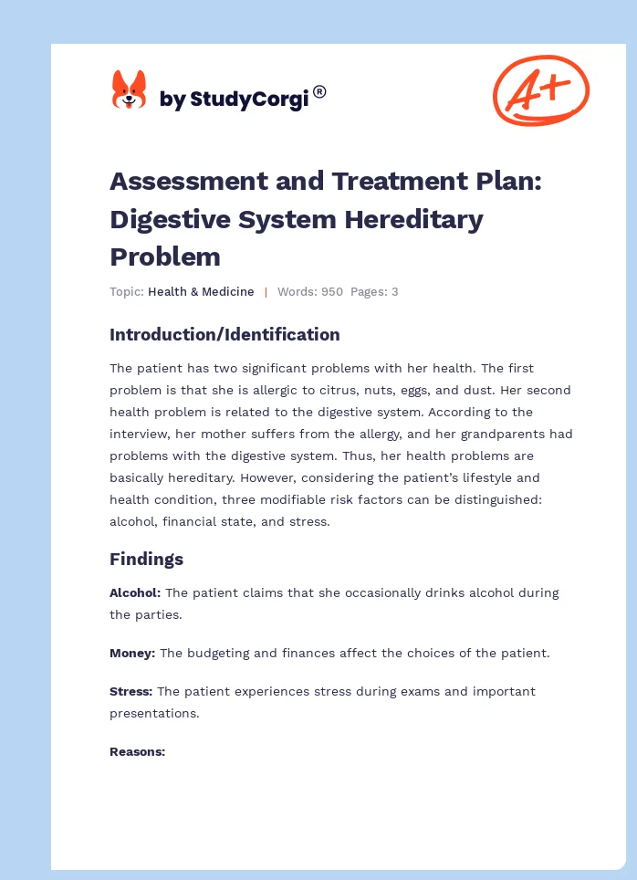 Assessment and Treatment Plan: Digestive System Hereditary Problem. Page 1