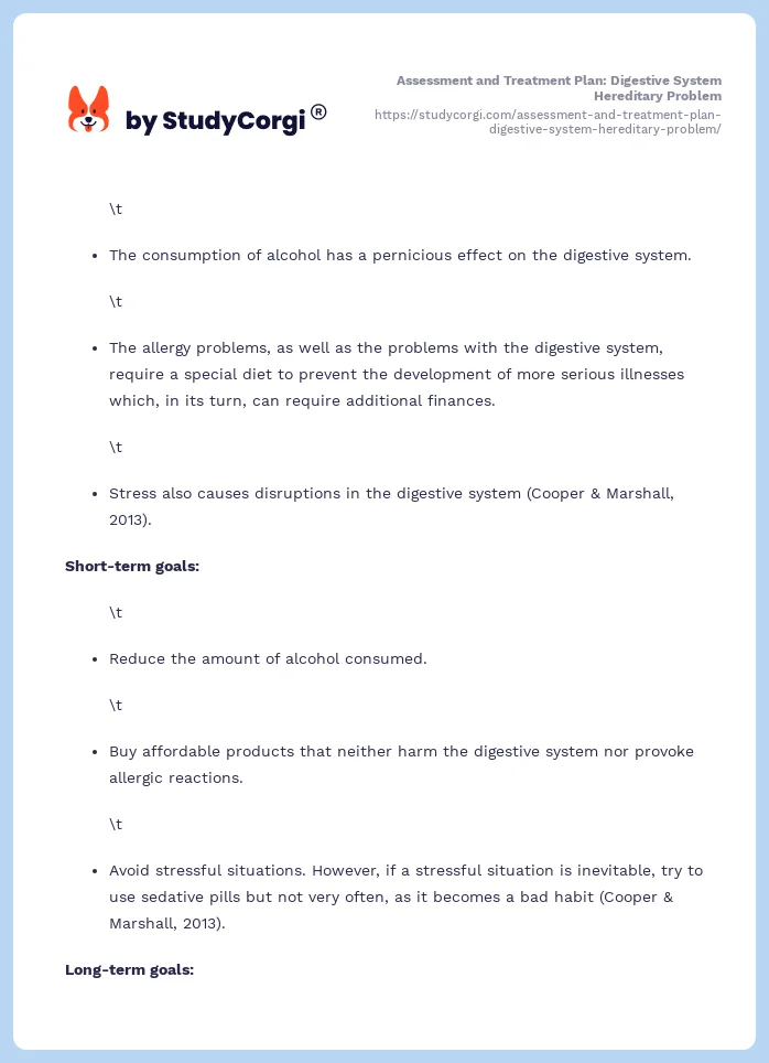 Assessment and Treatment Plan: Digestive System Hereditary Problem. Page 2