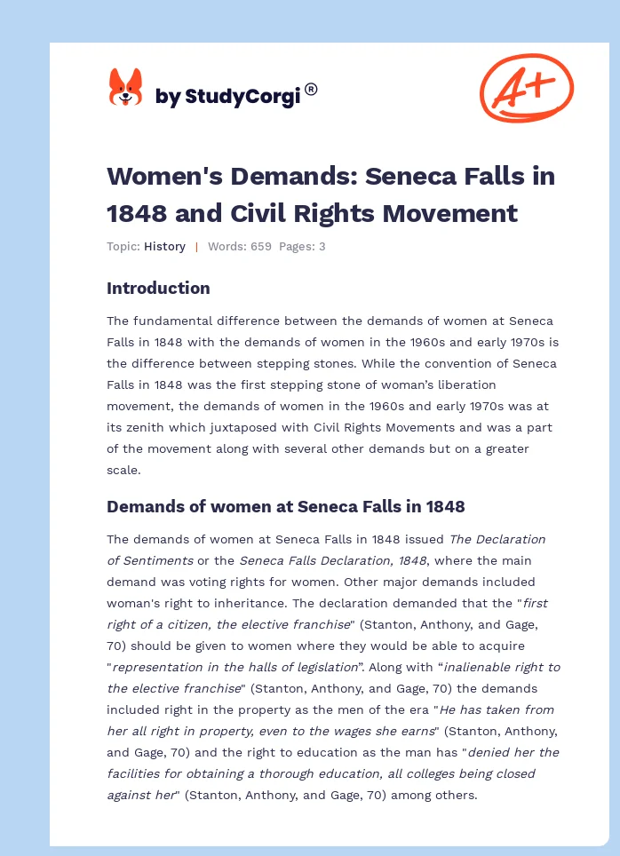 Women's Demands: Seneca Falls in 1848 and Civil Rights Movement. Page 1