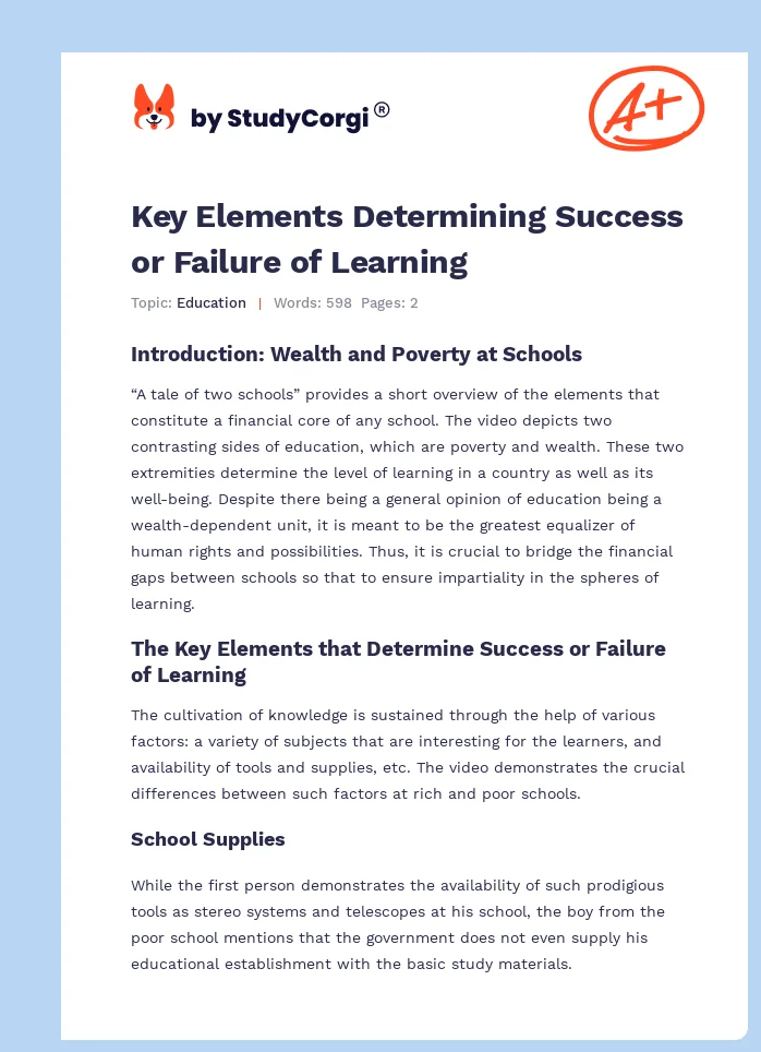 Key Elements Determining Success or Failure of Learning. Page 1