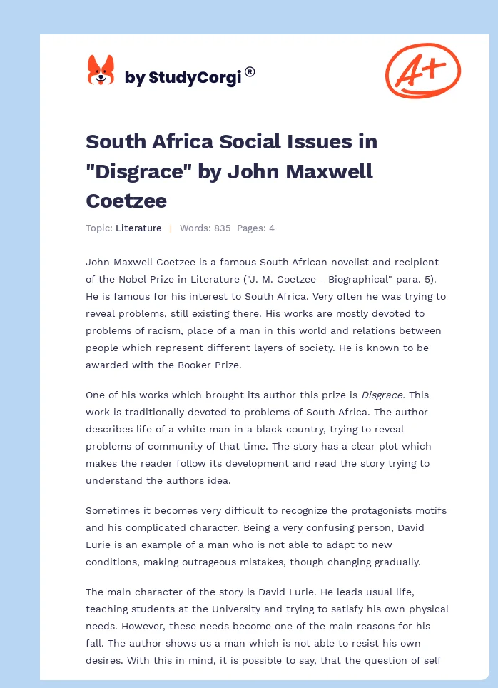 South Africa Social Issues in "Disgrace" by John Maxwell Coetzee. Page 1