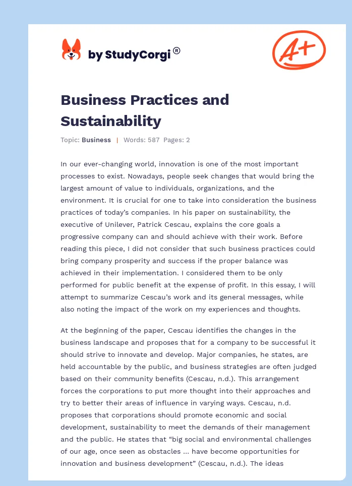 Business Practices and Sustainability. Page 1