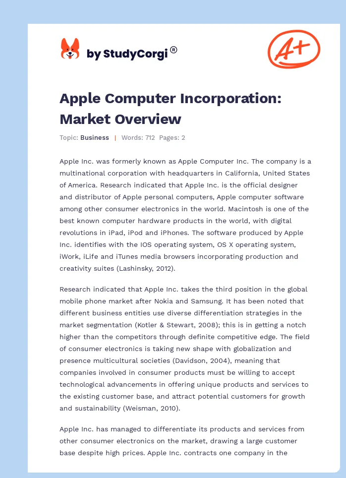 Apple Computer Incorporation: Market Overview. Page 1